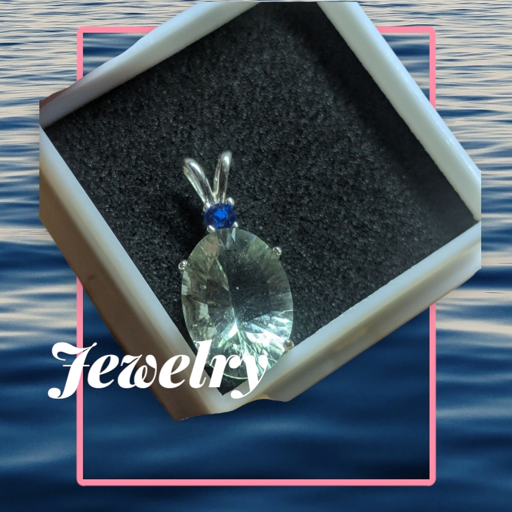 Elegant Sterling Silver Prasiolite and Blue Sapphire  Pendant Necklace